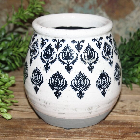 NEW Ornate Black White & Gray BOHO Farmhouse Ceramic Pottery Pot Vase - Picture 1 of 3